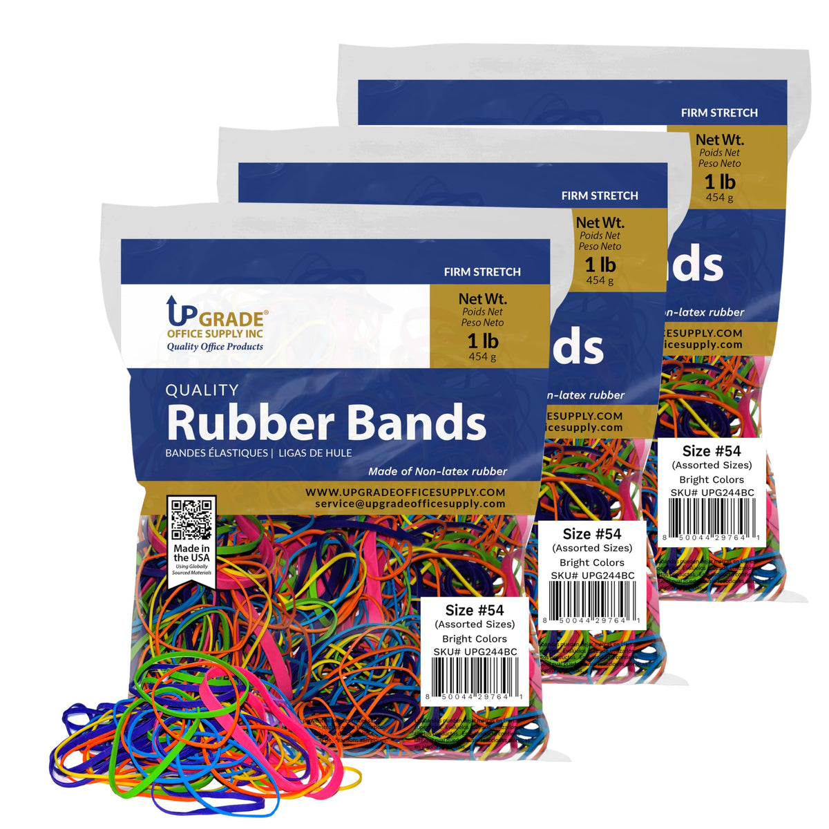 Upgrade Office Supply UPG244BC Rubber Bands, Size #54 (Assorted Sizes) in Bright Colors, 1 lb. Bag, Pink, Purple, Yellow, Lime, Orange, and Cyan Color, Made in USA