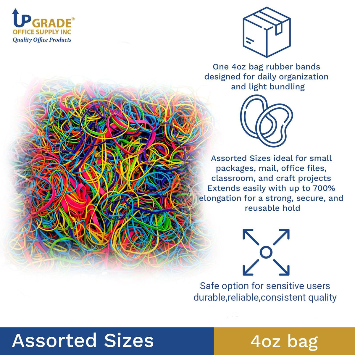 Upgrade Office Supply UPG247BC Rubber Bands, Size #54 (Assorted Sizes) in Bright Colors, 1/4 lb. Bag, Pink, Purple, Yellow, Lime, Orange, and Cyan Color, Made in USA
