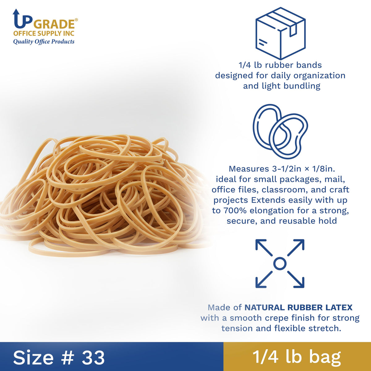 Upgrade Office Supply UPG22733 Rubber Bands, Size #33 (3-1/2 x 1/8") Natural Crepe, Made in USA