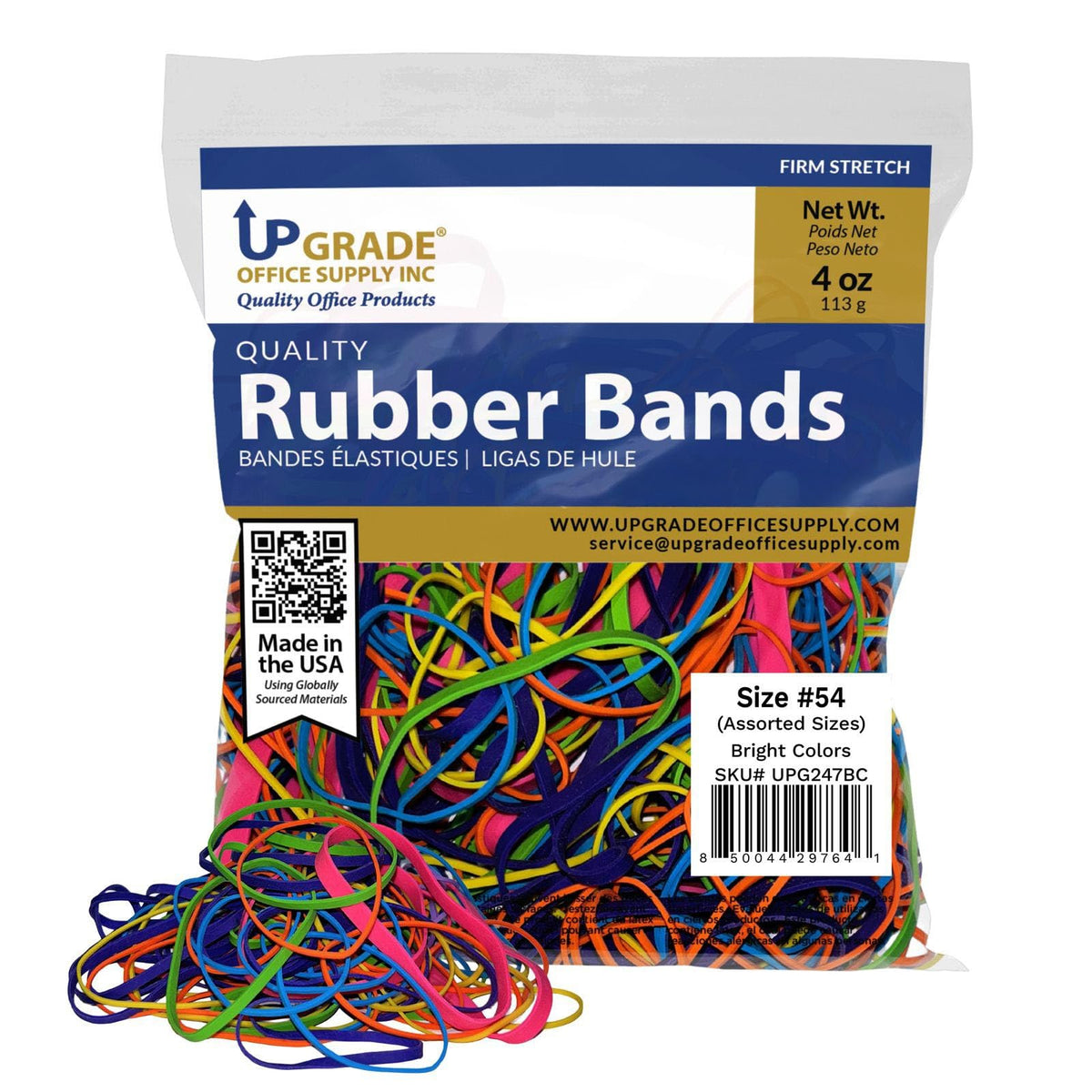 Upgrade Office Supply UPG247BC Rubber Bands, Size #54 (Assorted Sizes) in Bright Colors, 1/4 lb. Bag, Pink, Purple, Yellow, Lime, Orange, and Cyan Color, Made in USA