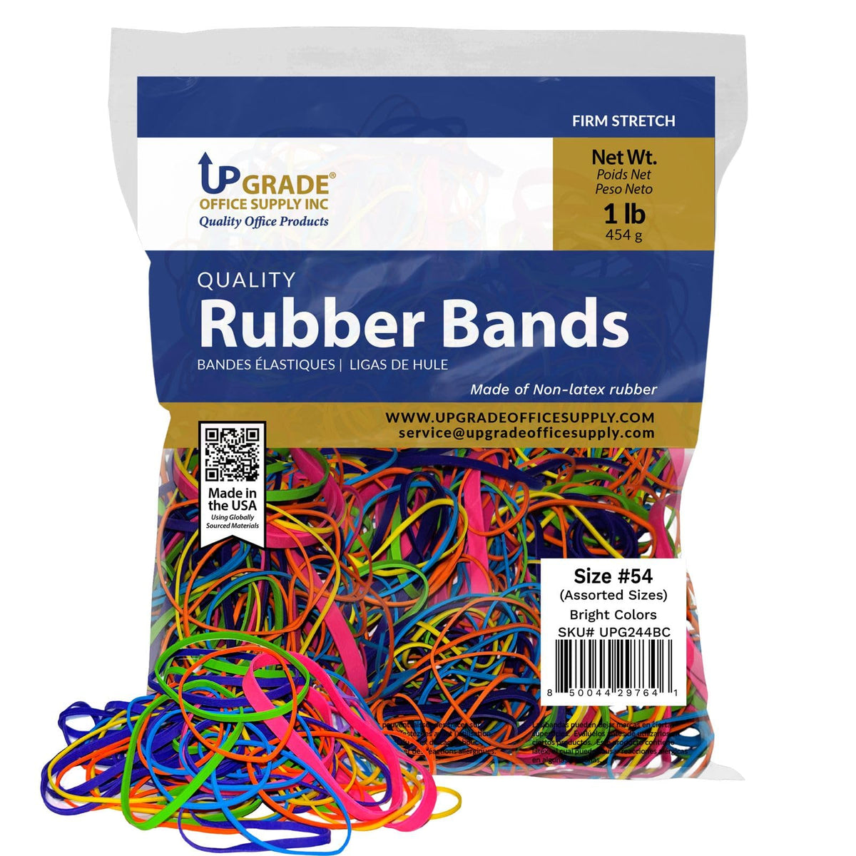 Upgrade Office Supply UPG244BC Rubber Bands, Size #54 (Assorted Sizes) in Bright Colors, 1 lb. Bag, Pink, Purple, Yellow, Lime, Orange, and Cyan Color, Made in USA